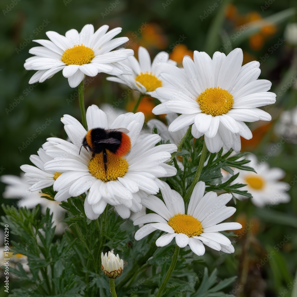 Obraz premium Close-up of white daisies with bright yellow centers in a garden, featuring a bumblebee gathering nectar on one flower, surrounded by lush green foliage and blooming flowers