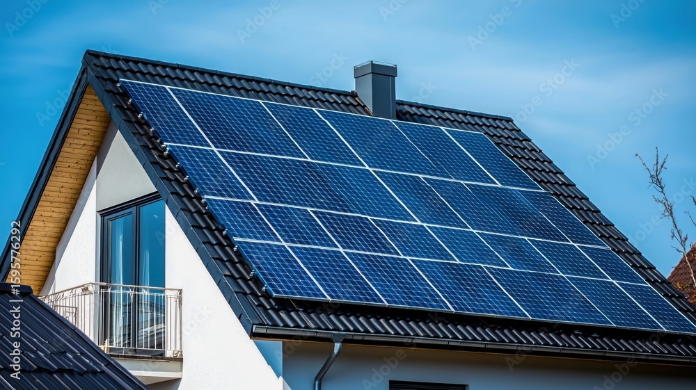 Fototapeta premium Rooftop solar panels on suburban home under clear blue sky