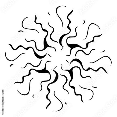 Abstract radial design featuring black wavy lines emanating from a central point on a white background