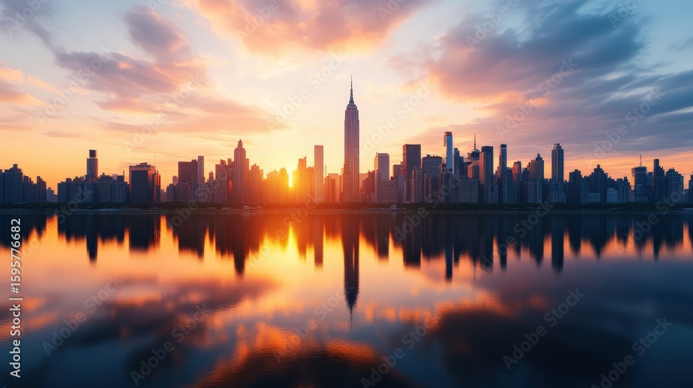 Obraz premium Stunning city skyline silhouette du sunset with dramatic colorful sky and reflected water view