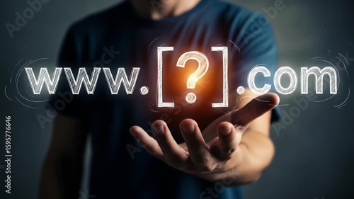 A person holds a glowing digital interface showing a website address with a question mark representing the domain name.