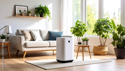 Modern air purifier in sunny living room with plants with clean home, and and healthy air.