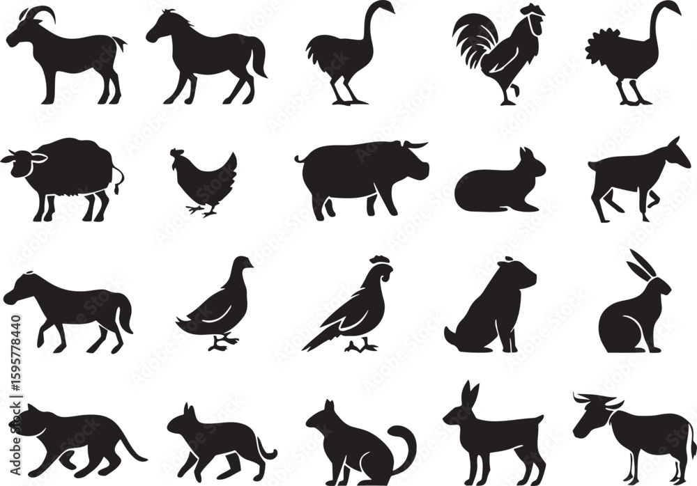 Naklejka premium Farm Animal Silhouette Icons Set Premium Vector Collection