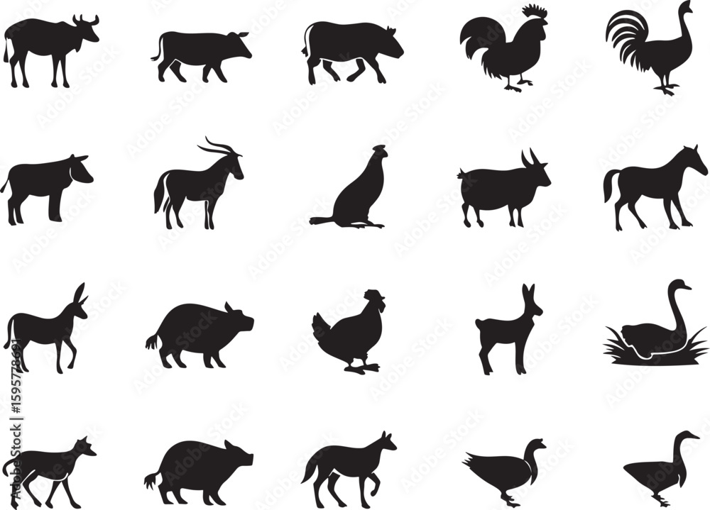 Obraz premium Farm Animal Silhouette Icons Set Premium Vector Collection