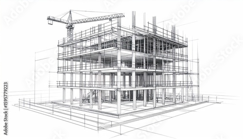 Conceptual architectural sketch showing modern construction site outline view
