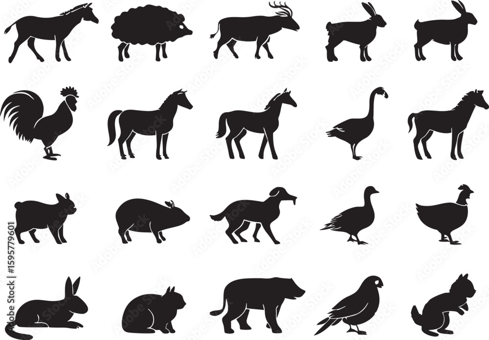 Fototapeta premium Farm Animal Silhouette Icons Set Premium Vector Collection