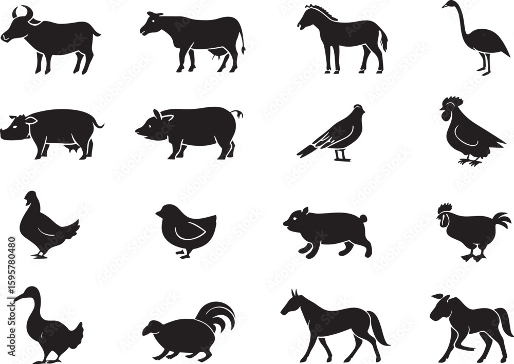 Obraz premium Farm Animal Silhouette Icons Set Premium Vector Collection