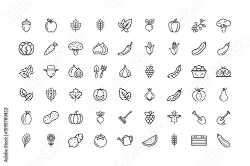 Collection of Black and White Outline Icons Representing Harvest Farming and Agriculture