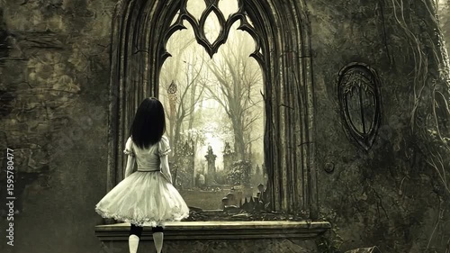 Girl gazing at a ruined gothic archway