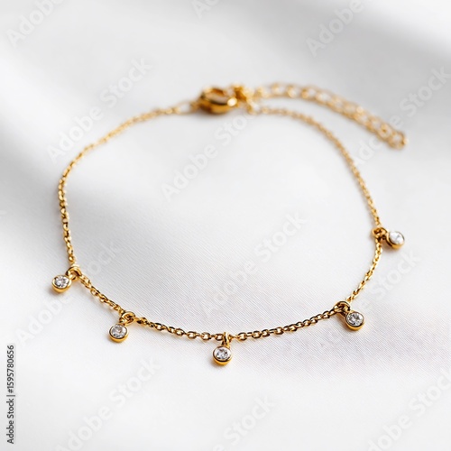 Wallpaper Mural A delicate gold chain bracelet with small dangling clear stones on a white fabric background close up view Torontodigital.ca