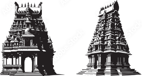 Vector illustration of a traditional South Indian temple gopuram, set against a pristine white background