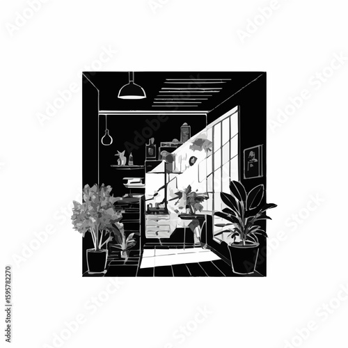 Lush Indoor Plants & Natural Light: Black & White Interior Icons
This black and white icon set beautifully captures the essence of interiors brimming with abundant indoor plants and natural lighting