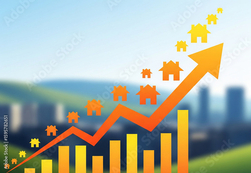 Real Estate Market Growth with Rising Bar Chart and Upward Arrow. 