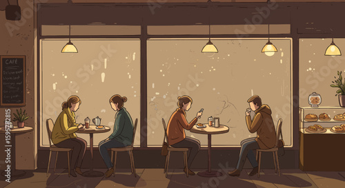 Cafe scene people enjoying coffee cozy winter day