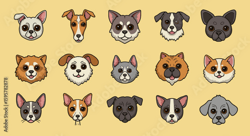 Dog head portraits collection, various breeds, simple style