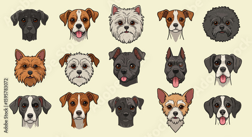 Dog head portraits collection, various breeds, pet faces