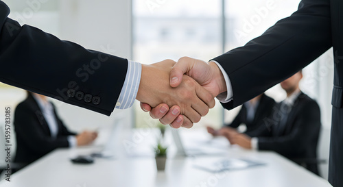 Wallpaper Mural Close-up of a business handshake in a meeting, with blurred colleagues visible in the background. Torontodigital.ca