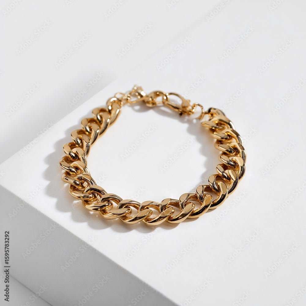 Obraz premium A close up studio shot of a shiny gold chain link bracelet on a white surface with a subtle shadow