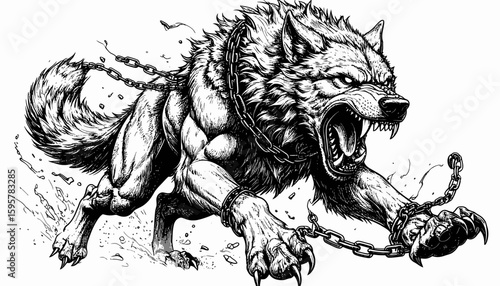 A fierce, chained wolf, in a powerful, aggressive stance, with detailed fur and musculature.