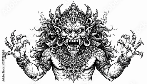 A detailed black and white illustration of a fierce demon with elaborate ornamentation.