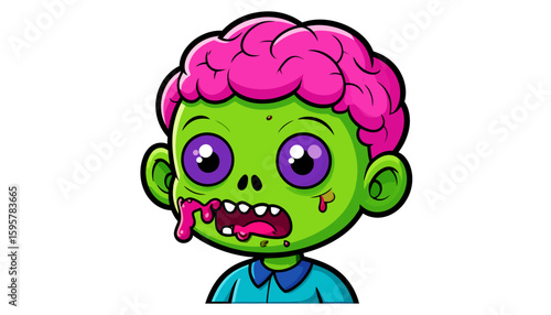 Cartoon zombie character with green skin, exposed brain, and drool.