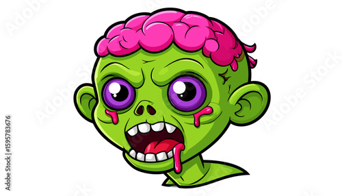 Cartoon zombie head with exposed pink brain, green skin, purple eyes, and blood dripping from the mouth and nose.