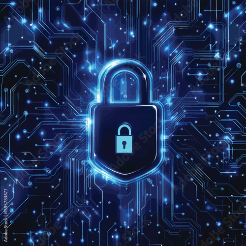Cybersecurity background featuring a digital lock icon with glowing blue circuit board pattern and electronic elements