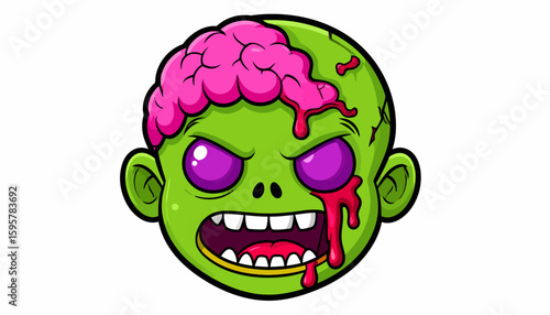 Cartoon zombie head with exposed brain and blood dripping from mouth, set against a white background.