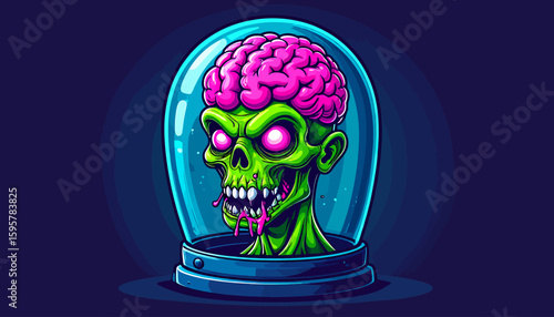 A grotesque green alien brain in a glass dome, dripping saliva, with glowing eyes.