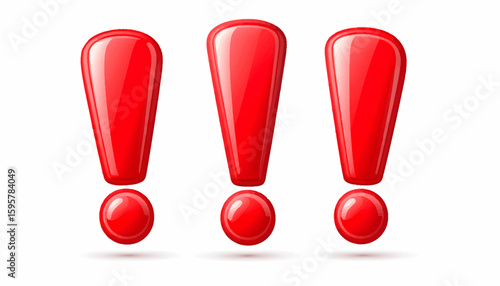 Three glossy, red exclamation points, isolated on a white background.