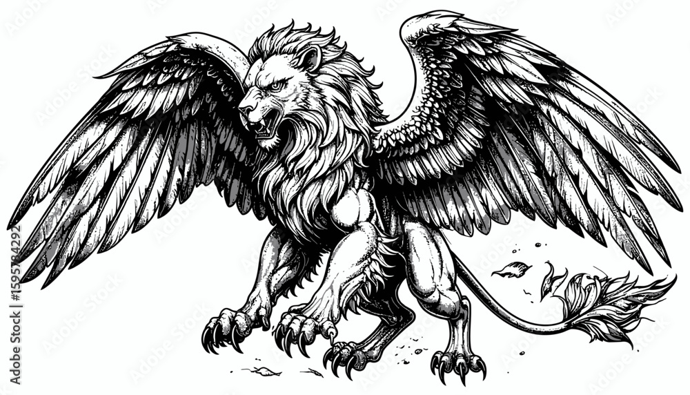 Obraz premium A majestic winged lion, a mythical creature, in a detailed line drawing.