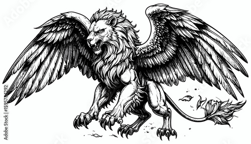 A majestic winged lion, a mythical creature, in a detailed line drawing.