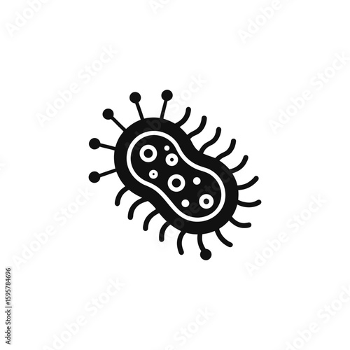 Black illustration of a bacterium with flagella isolated on white background