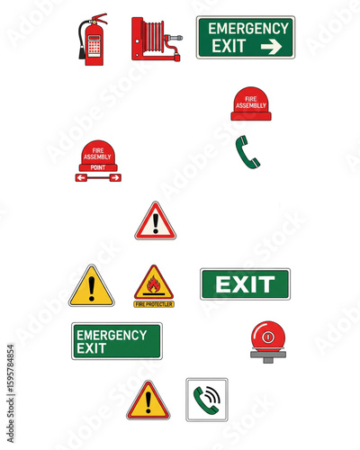 set of fire protection and emergency safety signs and pictograms. Includes icons such as fire extinguisher, fire hose reel, emergency exit, fire alarm, fire assembly point, emergency phone.