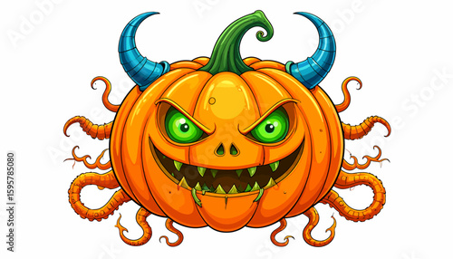 A spooky illustration of a demonic pumpkin monster with glowing eyes, blue horns, and evil tentacles. Halloween horror concept.