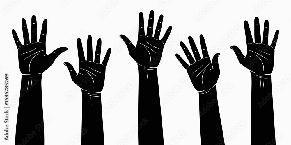 Obraz premium Silhouette graphic showing five hands raised upwards in a demonstration or celebration of diversity and inclusion