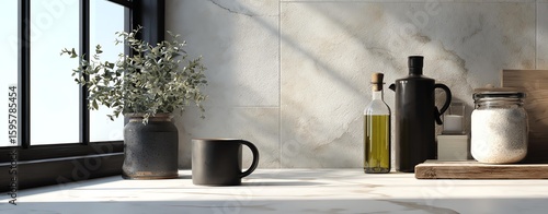 A kitchen with a countertop that is white and has a few items on it Modern kitchen counter with elegant decor.