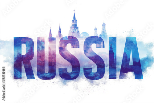 inscription text Russia. Tourist patriotic banner template with the Kremlin and St. Basil's Cathedral in Moscow on white isolated background