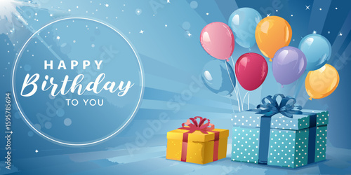 Cheerful birthday celebration with colorful balloons and gift boxes for a special occasion party