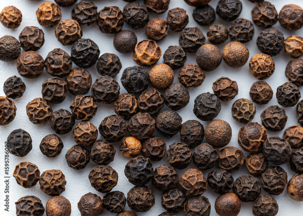 Obraz premium Black Peppercorns: A close-up shot shows an array of black peppercorns, each a tiny globe of flavor, scattered. The texture of each peppercorn offers a rich display of the versatility in food.