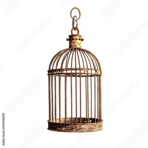 Antique, dome-topped birdcage of rusted metal, hanging from a loop, shows age and wear; empty