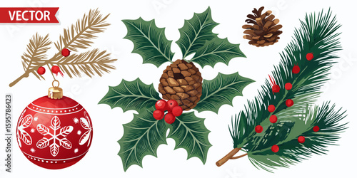 Holiday Christmas Ornaments and Evergreen Sprigs featuring pine cones, berries, and a red bauble with snowflake designs
