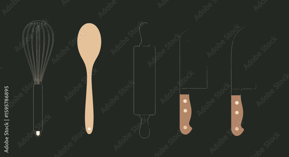 Fototapeta premium Kitchen utensils outline set on dark background