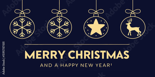 Elegant Christmas and Happy New Year greeting with ornaments featuring snowflakes, star, and reindeer silhouettes