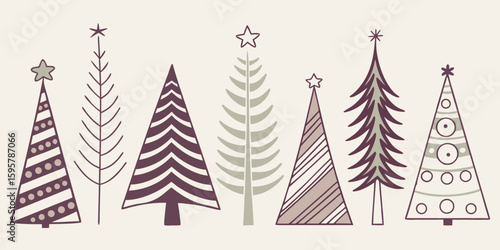 Collection of stylized Christmas trees with star toppers in a vintage design for holiday greeting cards and festive decoration