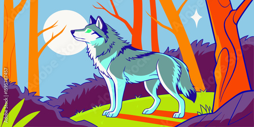 Stylized wolf stands in an orange forest as the moon shines, a magical and enchanting woodland scene