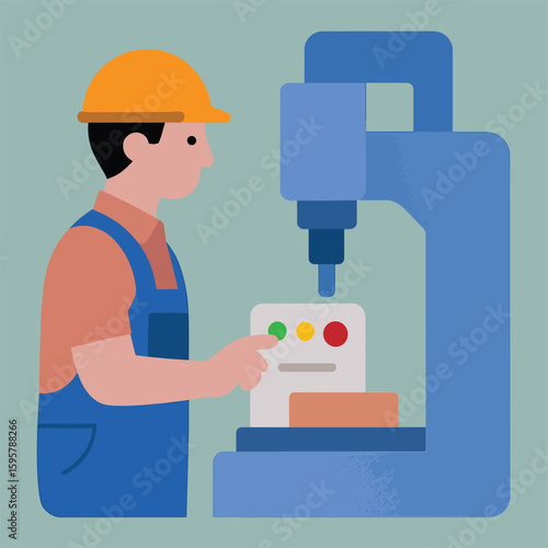 A blue machine with a worker wearing a safety helmet pushing the green button on it.