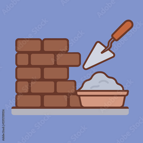 Illustration showing brick wall construction with a trowel and a container of mortar on a blue background.