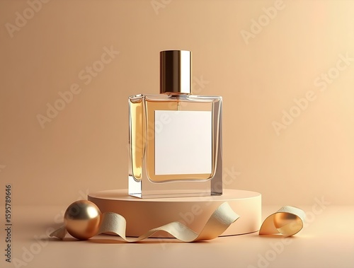 Glossy Christmas Perfume Mockup on Light Mocha with Gold Accent