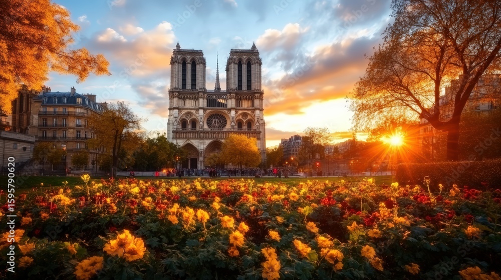 Obraz premium Beautiful view of Notre Dame Cathedral du sunset with colorful flower garden and autumn trees